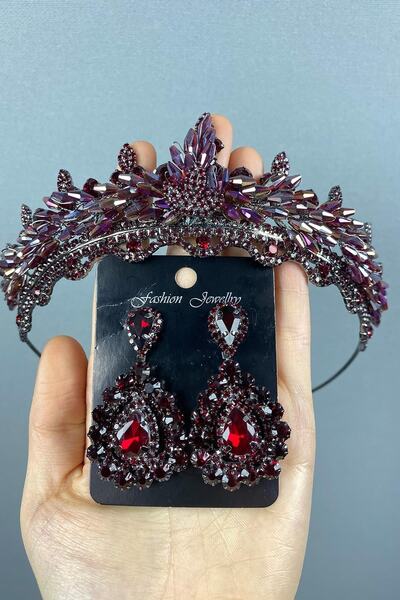 Bride Aksesuar Dünyası Σετ νυφικής κορώνας, πολύχρωμο μπορντό με κρύσταλλα, μ...