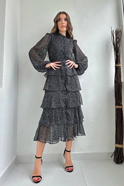 Seda Yalçın Atelier Siyah Puantiyeli Volanlı Şifon Kat Elbise