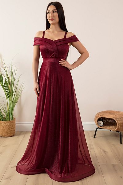 PULLIMM Rochie de seară lungă din tul cu sclipici cu bretele 13278