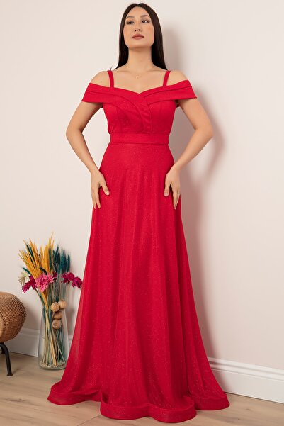 PULLIMM Askılı Simli Tül Uzun Abiye Elbise 13278