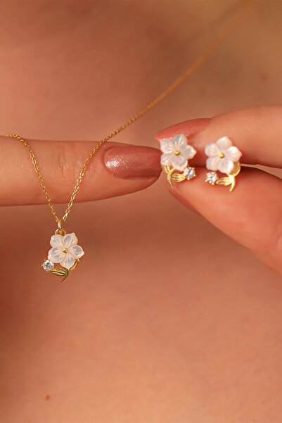 byess 925 Ayar Gümüş Sedef Taşlı Manolya Kolye Küpe Set