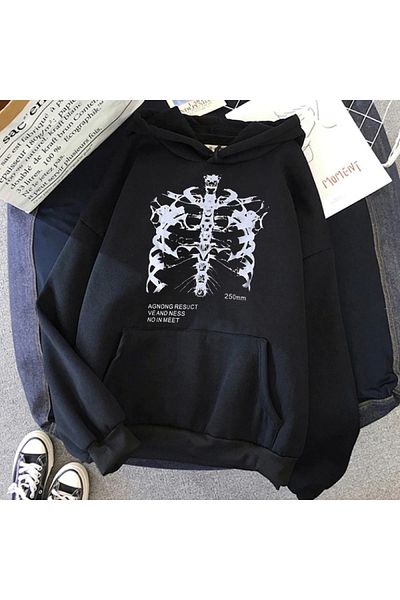 The Baski Unisex Black Rib Skull Printed Hooded Sweatshirt