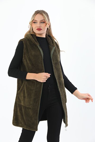 Kardelen Butik Ümraniye Polar Haki Yeşil Fermuarlı Uzun Yelek