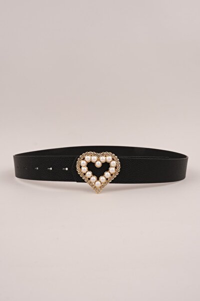 LİA KEMER Kadın Gold Kalp Incili Tokalı Kemer Bel Kemeri Ceket Kemeri Elbise Kemeri Pantolon Kemeri