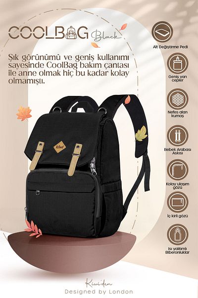 Kiwi Coolbag Baby Care Bag - Thermal Compartment, Waterproof, Pad - Black
