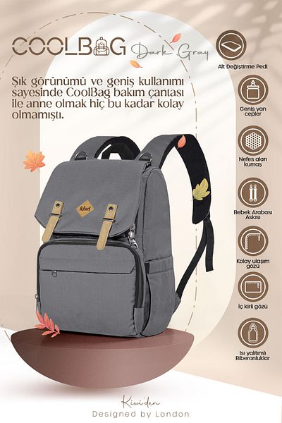 Kiwi حقيبة العناية بالطفل من Coolbag - حجرة حرارية، مقاومة للماء، مع وسادة - أنثراسايت