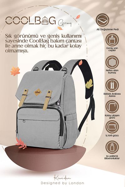 Kiwi Coolbag Baby Care Bag - Thermal Compartment, Waterproof, Pad - Gray