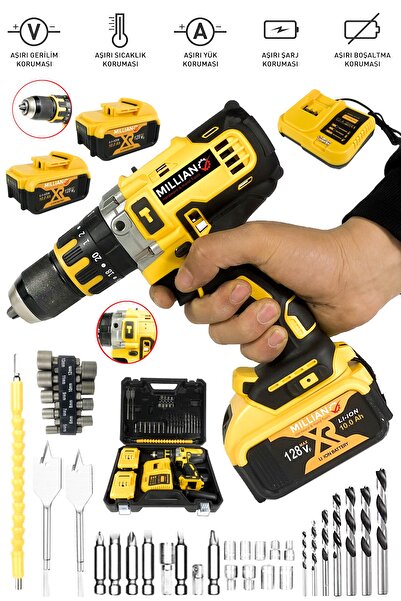 Millian 128 V 10 Ah Bakır Sargılı Darbeli Şarjlı Matkap Çift Akülü Metal Şanz...