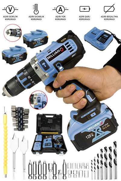 Millian 128 V 10 Ah Bakır Sargılı Darbeli Şarjlı Matkap Çift Akülü Metal Şanz...