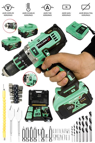 Millian 128 V 10 Ah Bakır Sargılı Darbeli Şarjlı Matkap Çift Akülü Metal Şanz...