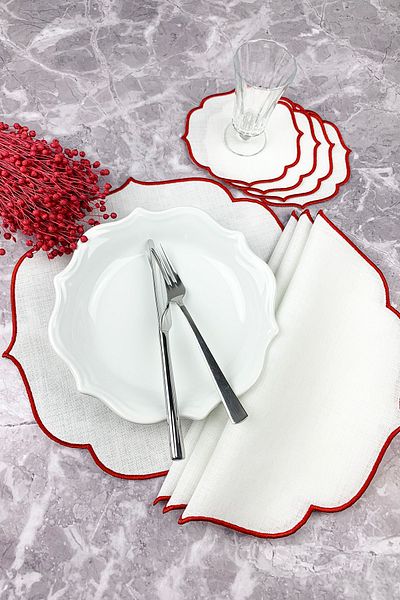 WEARE2 Red Color Embroidered 8 Piece Set Placemat And Cocktail Napkin