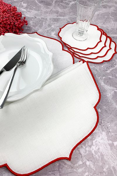 WEARE2 Red Color Embroidered 8 Piece Set Placemat And Cocktail Napkin