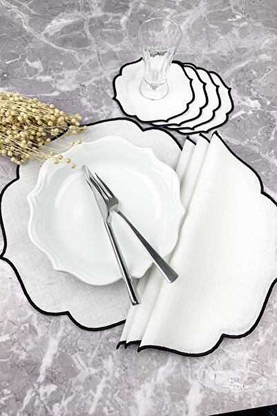 WEARE2 Set de 8 piese brodate de culoare neagră, șervețele americane și de co...