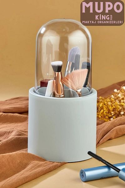 King Mop Mupo Gray Colored 7 Compartment Makeup Brush and Cosmetic Organizer with Transparent Protection Cover