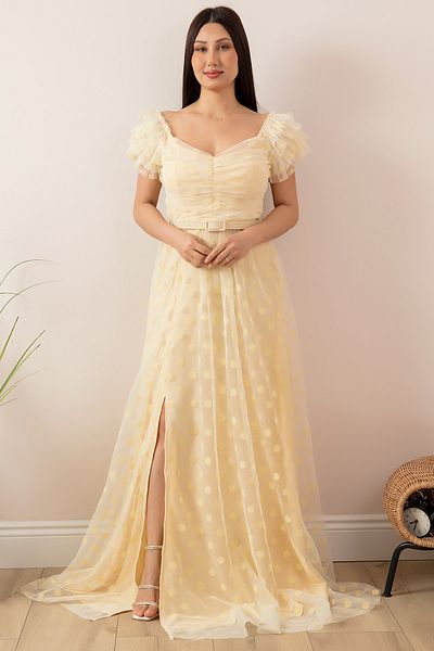 PULLIMM Flocked Tulle Boat Neck Long Dress with Belt 13411