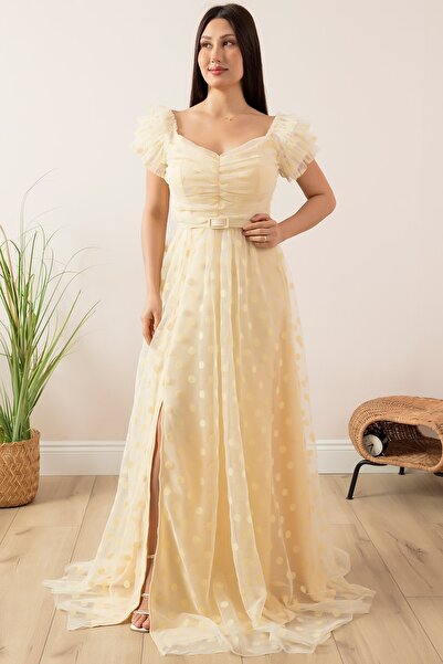 PULLIMM Μακρύ φόρεμα με λαιμόκοψη Flok Tulle Boat με ζώνη 13411