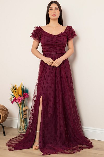 PULLIMM Rochie lungă cu curea cu decolteu barcă din tul flocat 13411