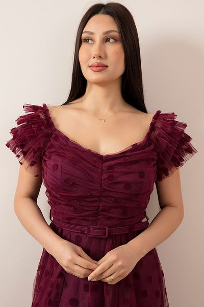 PULLIMM Rochie lungă cu curea cu decolteu barcă din tul flocat 13411