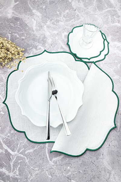 WEARE2 Set de 4 piese brodate de culoare verde, șervețele americane și de coc...