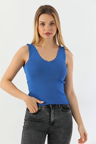 REELMODA Жіночий блакитний светр з коміром-драпіруванням, без рукавів, стильний трикотажний спортивний светр