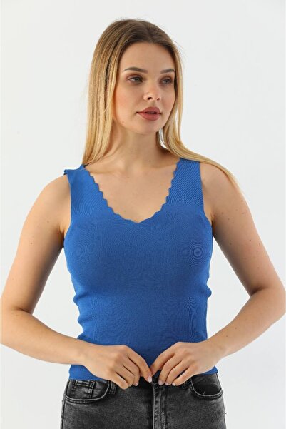 REELMODA Жіночий блакитний светр з коміром-драпіруванням, без рукавів, стильний трикотажний спортивний светр