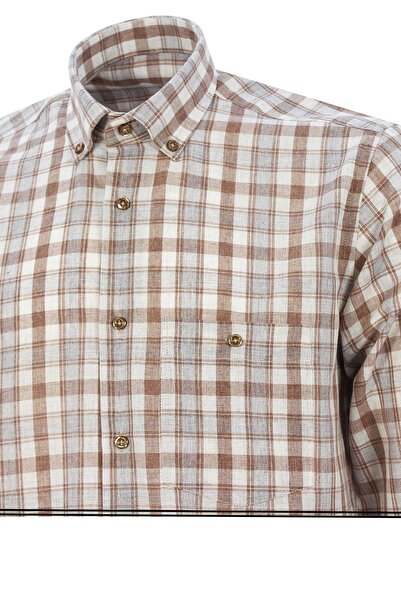 Varetta Ανδρικό καφέ 100% βαμβακερό μακρυμάνικο πουκάμισο με κουμπιά με μονή τσέπη καρό κλασικό κομμένο πουκάμισο