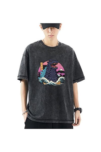 Touz Tricou vintage My Vision, lavabil, cu Hokusai și Godzilla