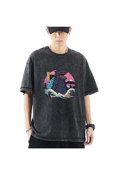 Touz Hokusai Godzilla Antique Patterned Daily Washable T-shirt