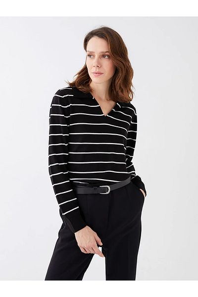 LC Waikiki Basic-Strickpullover mit Polokragen und Streifen und langen Ärmeln für Damen
