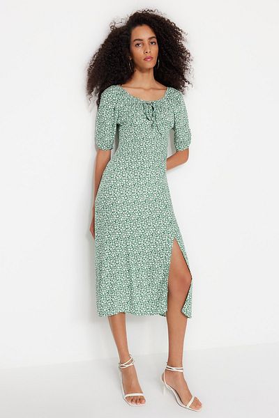 Trendyol Collection Πράσινο Μίντι Υφαντό Φόρεμα με Λεπτομέρεια Γραβάτα TWOSS23EL00410