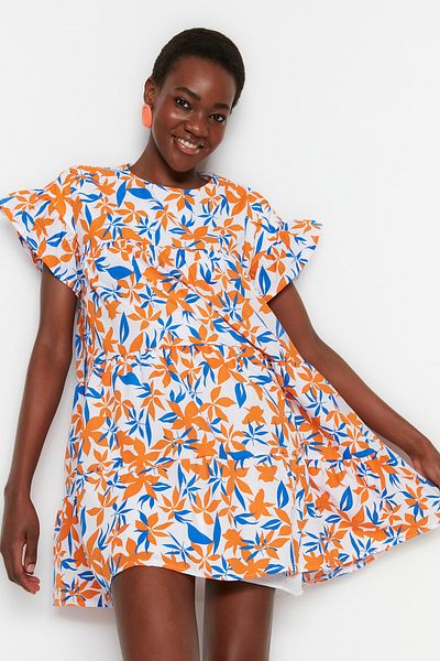 Trendyol Collection Oranges florales Etuikleid/weit geschnittenes Mini-Gewebekleid TWOSS22EL0867