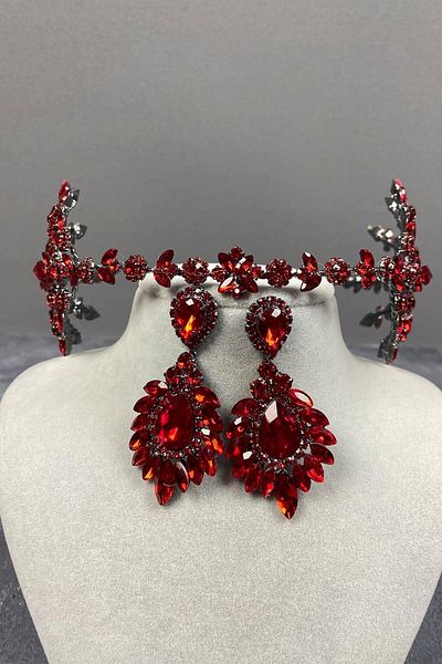 Hobigram Set de coroană și cercei roșii cu două fețe Selen Model Henna – Coroană, piatră de cristal – Coroană