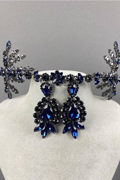Hobigram Set de coroană de mireasă și cercei cu pietre prețioase model Selen cu două fețe albastru bleumarin – Coroană, piatră de cristal – Coroană