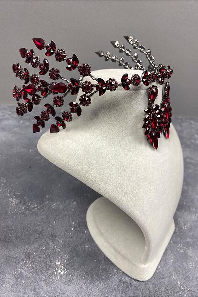 Hobigram Set de coroană de mireasă și cercei subțiri cu selen model Selen, roșu Claret, cu piatră de cristal – T