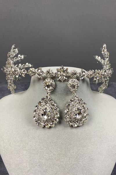 Hobigram Set de coroană de mireasă și cercei cu piatră de picătură din argint dublu Selen Model Henna – Coroană, Piatra de cristal – Coroană
