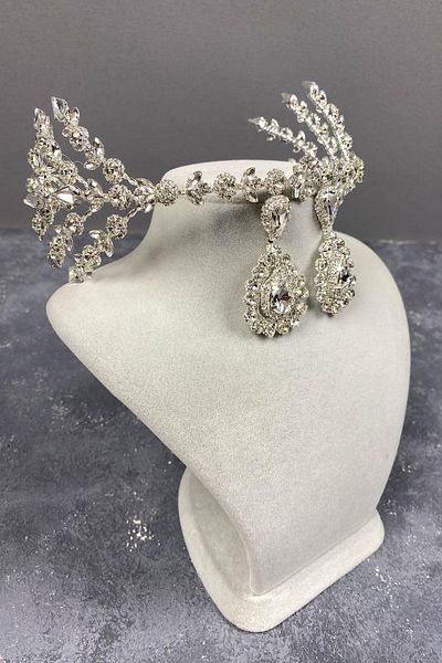 Hobigram Set de coroană de mireasă și cercei cu piatră de picătură din argint dublu Selen Model Henna – Coroană, Piatra de cristal – Coroană