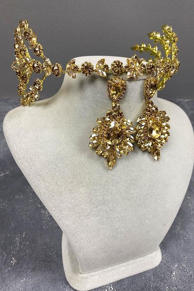 Hobigram Set de coroană de mireasă și cercei cu selen model Selen cu două fețe de culoare miere – Coroană, piatră de cristal – Coroană