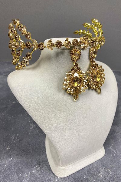 Hobigram Set de coroană de mireasă și cercei cu selen model Selen cu două fețe de culoare miere – Coroană, piatră de cristal – Coroană