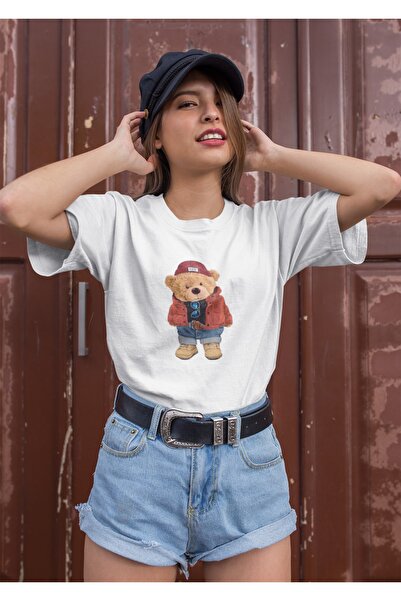 Serbella Teddy Bear Printed Oversize White Tshirt