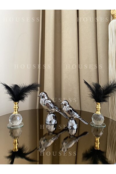 Housess Dekoratif 2'li Kuş Ve 2'li Tekli Tüylük Seti Biblo Süs