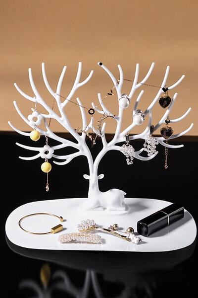 TechnoStation Geyik Tasarımlı Beyaz Takı Standı Yüzük Küpe Kolye Askılığı Mücevher Organizer Askı