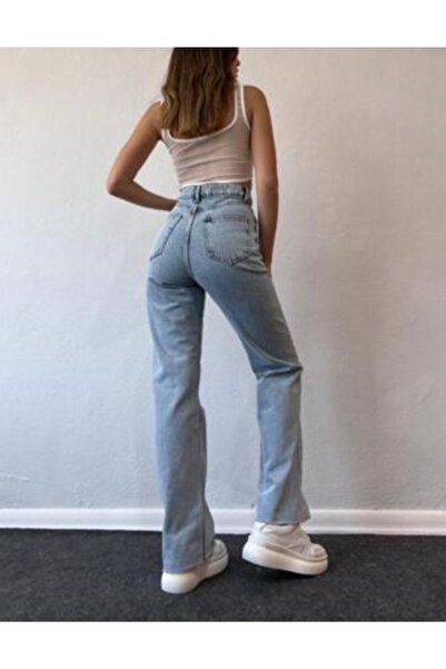DRC trend Zeylan Kadın Açık Mavi Yüksek Bel Yıkamalı Geniş Paça 90's Jeans Fit Kalıp Pantolon