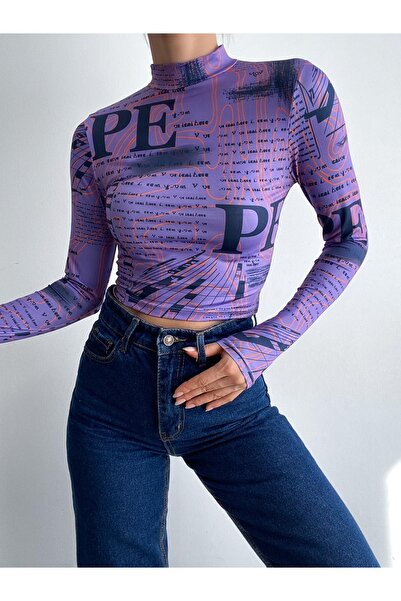 QUTTA Dijital Baskılı Desenli Dik Balıkçı Yaka Uzun Kollu Kadın Crop Bluz