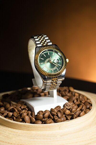 SC Metal Gold Erkek Kol Saati Iç Kasa Bölümü Yeşil Çerçevesi Kordunu Gold Şık Günlük Kol Saati