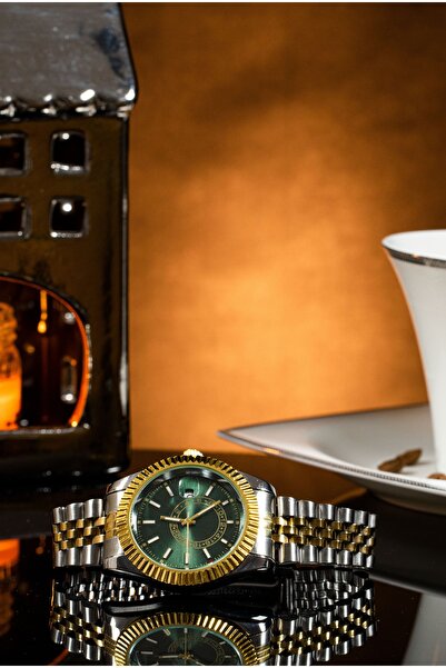 SC Metal Gold Erkek Kol Saati Iç Kasa Bölümü Yeşil Çerçevesi Kordunu Gold Şık Günlük Kol Saati