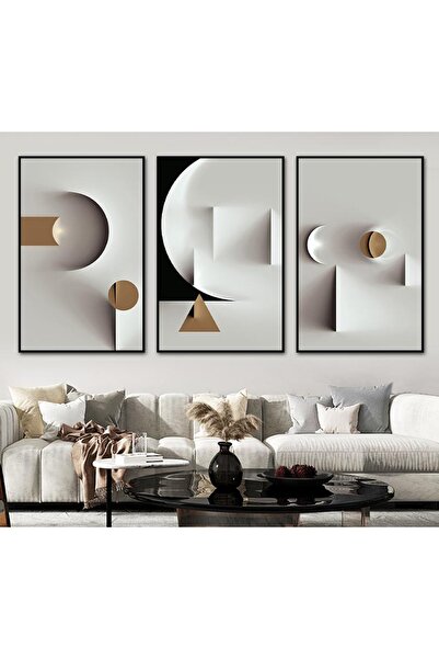 Linacci Комплект геометрични картини с бяло стъкло в тройна черна алуминиева рамка