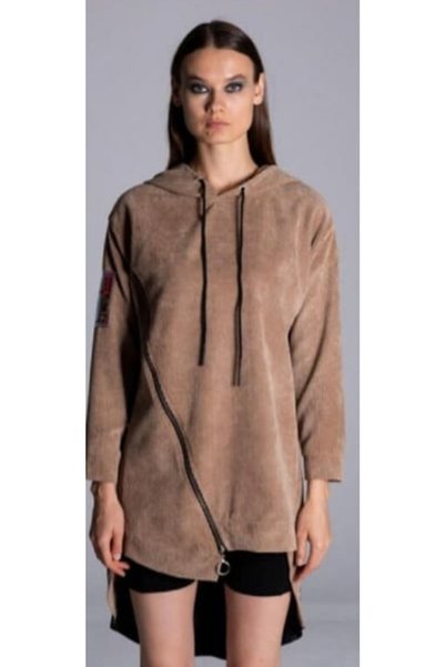 Hepsibitarz Kadın Krem Bej Kadife Tasarım Kapüşonlu Sweatshirt
