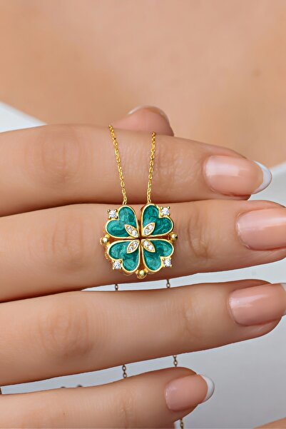 Nereze 925 Ayar Gümüş Mıknatıslı Ayrılabilir Gold Yeşil Mineli 4 Kalpli Yonca...