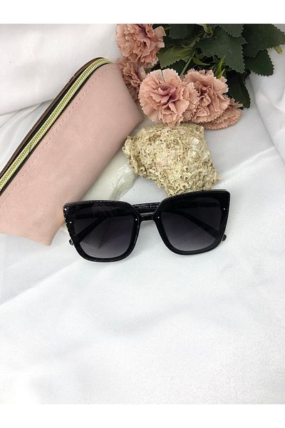 Di Caprio Erans Square Rectangular Black Gold Detailed Women's Sunglasses