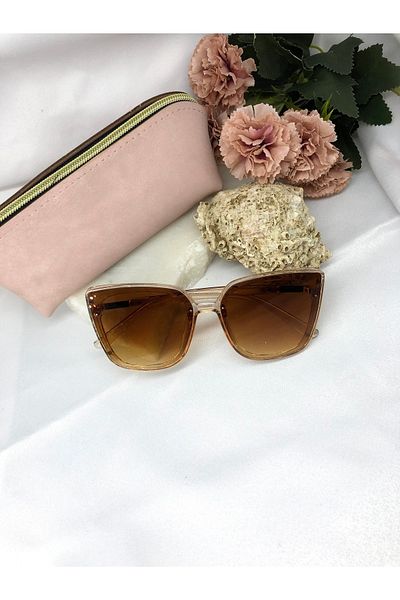 Di Caprio Erans Square Rectangular Transparent Light Brown Gold Detailed Women's Sunglasses